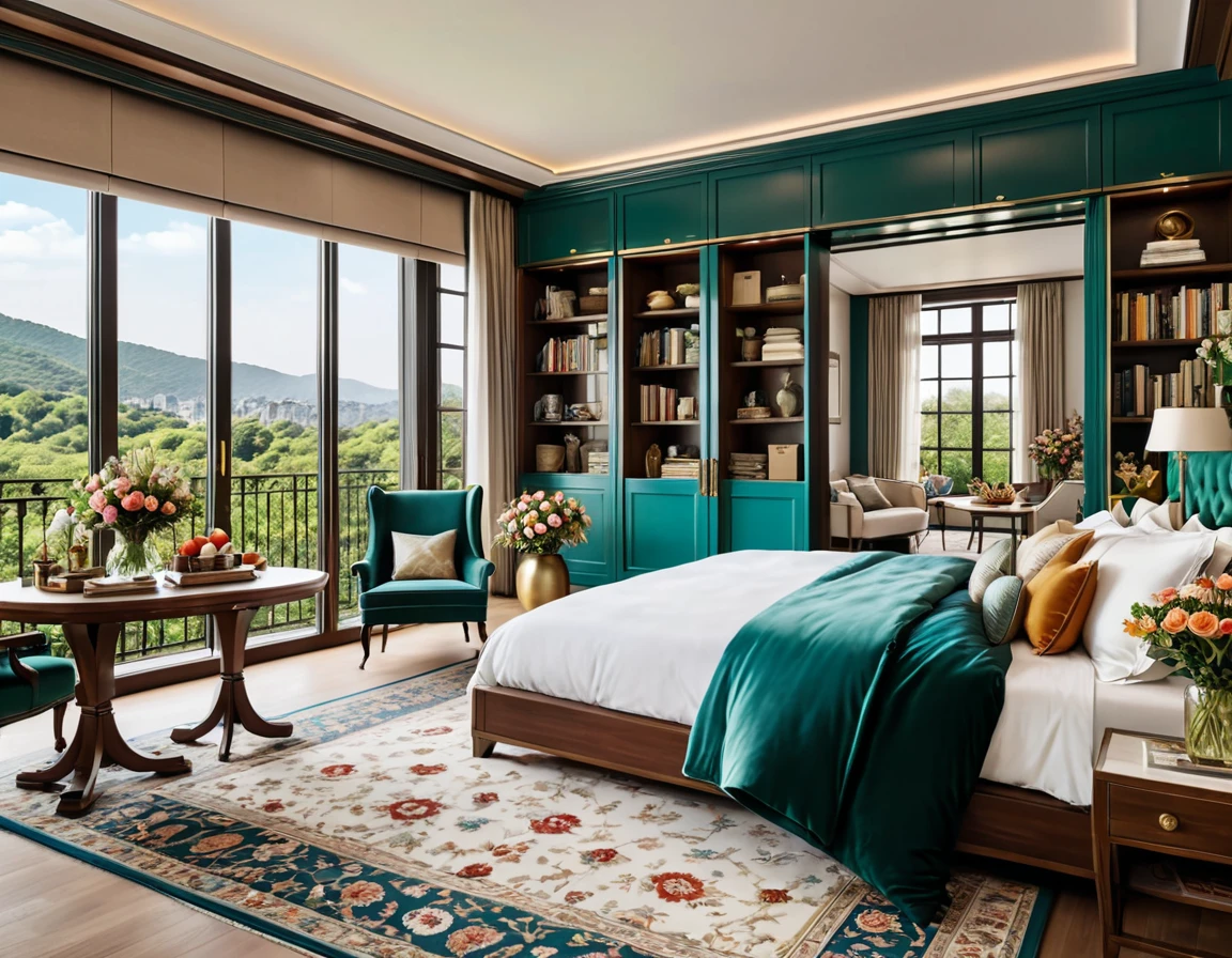 8K picture quality,Best quality,masterpiece,HD,Super rich detail,detailed,Comfortable bedroom,Large Windows,Floor-to-ceiling windows,big bed,There are pillows on the bed,Quilt,Essas roupas,notebook,There is a cabinet next to it,There are bookcases,There is a table,There are chairs,There are flowers,There is a wardrobe,There was a sofa,There are carpets,There are many books,Overall very comfortable,extremely clean,very useful,Large Windows,The scenery outside the window,There are various other flowers,and vegetable garden,There are a variety of vegetables inside,超HD真实感,Live photos,The overall color is mainly blue-green,Strong realism
