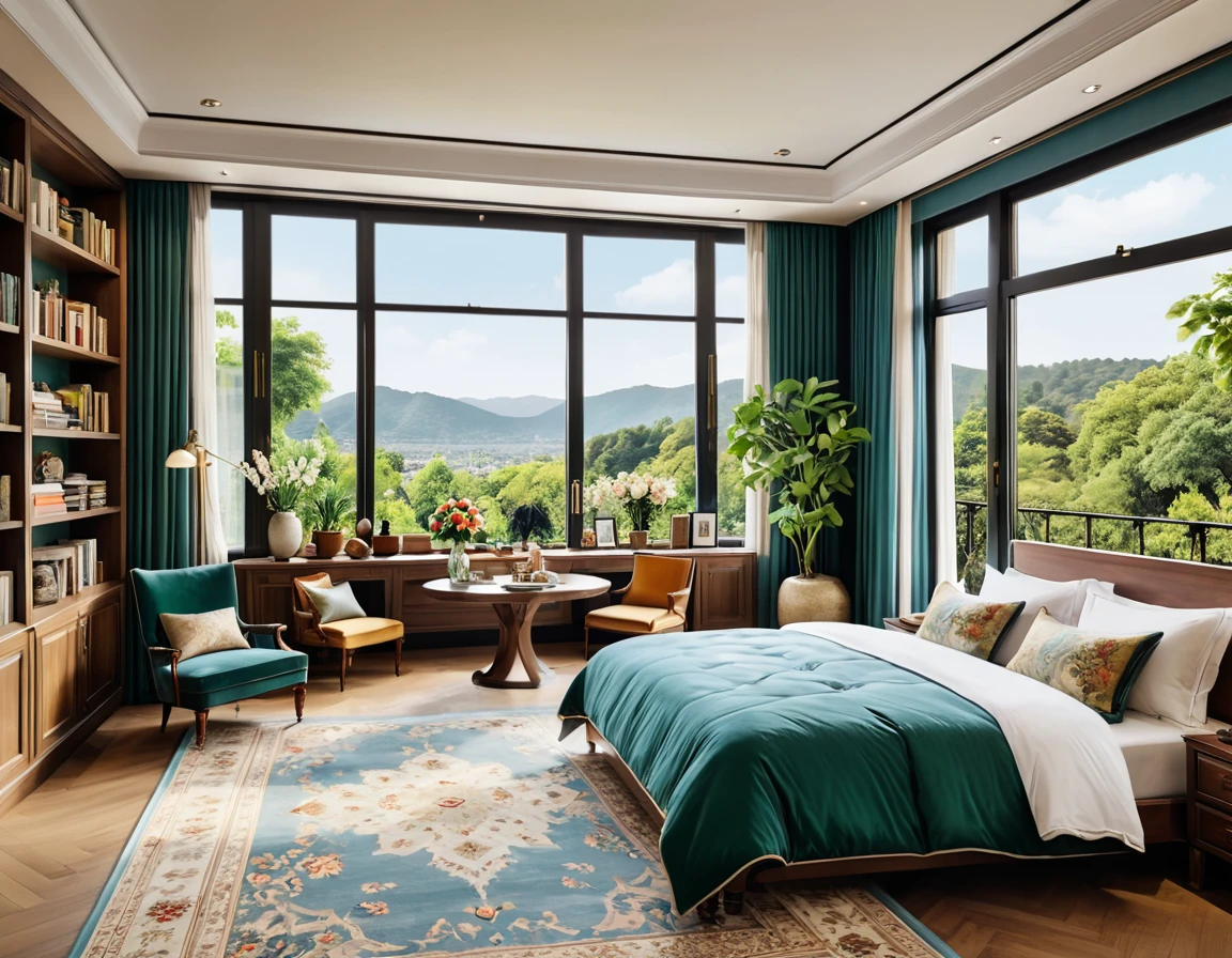 8K picture quality，Best quality，masterpiece，HD，Super rich detail，detailed，Comfortable bedroom，Large Windows，Floor-to-ceiling windows，big bed，There are pillows on the bed，Quilt，Essas roupas，notebook，There is a cabinet next to it，There are bookcases，There is a table，There are chairs，There are flowers，There is a wardrobe，There was a sofa，There are carpets，There are many books，Overall very comfortable，extremely clean，very useful，Large Windows，The scenery outside the window，There are various other flowers，and vegetable garden，There are a variety of vegetables inside，超HD真实感，Live photos，The overall color is mainly blue-green，Strong realism
