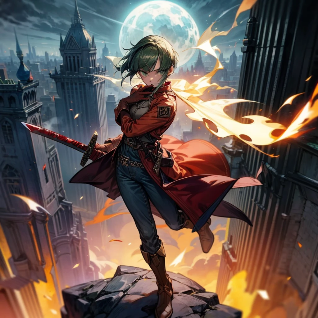 1girl, Full body version, 1character, green eyes, short haircut, (green color hair), soldier style clothing, red colour clothing, jacket, jeans, belt, boots, gloves, Grassroots, background On the roof of a city building, motion blur, (detective conan style art), sword in hand, fire effect on sword, lighting effect on sword, fire effect, smoke effect, aura effect, Moonlight, bloody background, blood on face, blood on shirt, blood on sword