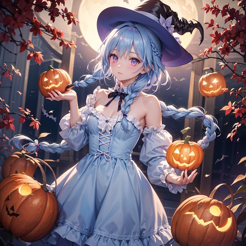 (Light blue medium hair),(Braided hair:1.2)、Pink eyes、Fair skin、cowboy shot、Halloween、The background is a pumpkin ghost、Crescent Moon、Trick or Treat、A lot of sweets、witch、Halloween night、Candy、many bat、Condescending expression、solo、(masterpiece、Highest quality、Very detailed、Best Shadow)、(Detailed Background)、(Beautifully detailed face)、High contrast、(Best lighting、Very delicate and beautiful)、(Cinematic Light)、colorful、Hyper Detail、Dramatic Light、Exquisite detail、