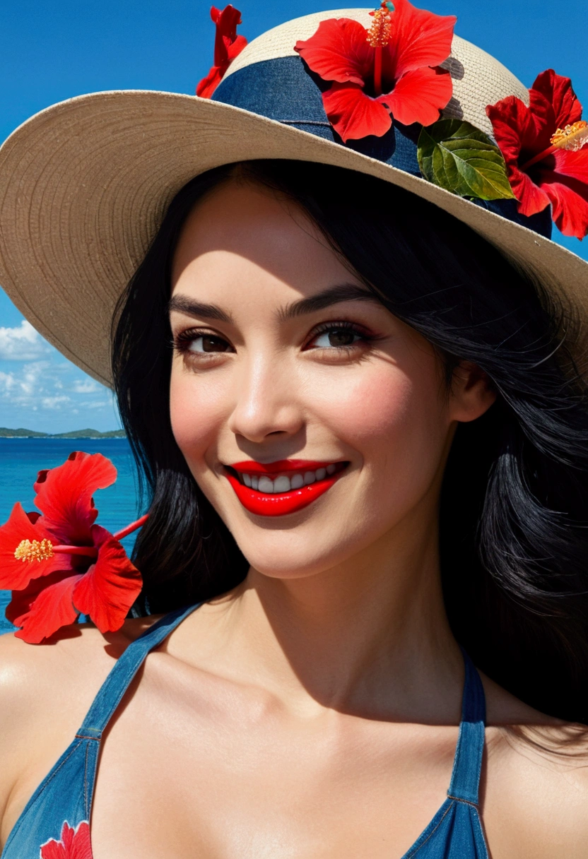 happiness、smile、flower near a body of water, at a tropical beach, wallpaper”, beautiful flower, screen cap, heavens, Ghost Festival, hibiscus, blue sky, cute:2, okinawa japan, riffle, romantic!!!, beach pic, because, honey, peacefull, wallpaper: 1 0 2 4, photo、photoリアリズム, Mark English, Black-haired woman, smile、Wearing a red micro-bikini、 David Mack, Deep colors and dark shadows Jean-Sebastian Rosbach, HD Mixed Media Collage, An illustration, With beautiful colors, woman with hat, Detailed face with red lips, Russ Mills, Red and Blue、((Extremely beautiful face close-up))