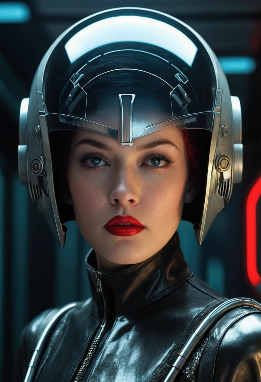 A closeup of a woman wearing a futuristic helmet and red lipstick, jackie welles ciberpunk, cgsociety 9, style = retro-futurism, beautiful android woman, portrait of an android woman, futuristic retro fashion, Bladerunner movie still., Female cyborg in data center, moebius aesthetics, Movie still of an alien cyborg., depicted as a science fiction scene