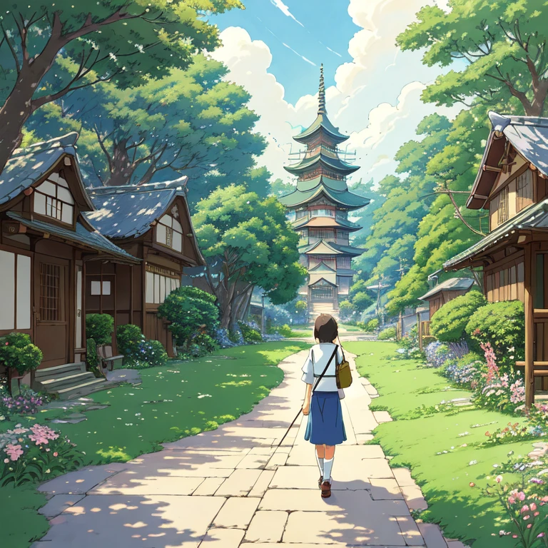 best quality,(masterpiece:1,2),highres,original,perfect lighting,extremely detailed wallpaper,(extremely detailed CG:1.2),Japanese manga style,Studio Ghibli,Hayao Miyazaki style,high saturation,Rich details,A girl carrying a bag walking down the street, (best quality:1.3), (high resolution:1), (detailed:1.3), (excellent:1.3), (perfect:1.3), (perfection:1.3), (Roll cover art:0), (illustration:1.3), Studio Ghibli's artwork