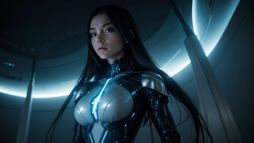 A futuristic alien leader named Aldara. She has a regal presence, with elegant and advanced alien features. Her skin is a shimmering shade of blue, and she has intricate, bioluminescent patterns across her body. Her eyes are large and expressive, glowing with a soft light. Aldara is dressed in sophisticated, high-tech attire that blends organic and technological elements, symbolizing her advanced civilization. She stands with a commanding yet compassionate expression, exuding wisdom and strength.