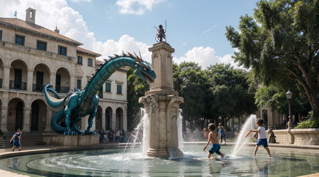 A group of children playing water fights with a mechanical dragon on the pillar of the fountain island