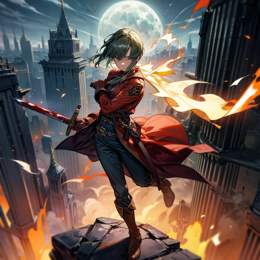 1girl, Full body version, 1character, green eyes, short haircut, (green color hair), soldier style clothing, red colour clothing, jacket, jeans, belt, boots, gloves, Grassroots, background On the roof of a city building, motion blur, (detective conan style art), sword in hand, fire effect on sword, lighting effect on sword, fire effect, smoke effect, aura effect, Moonlight, bloody background, blood on face, blood on shirt, blood on sword