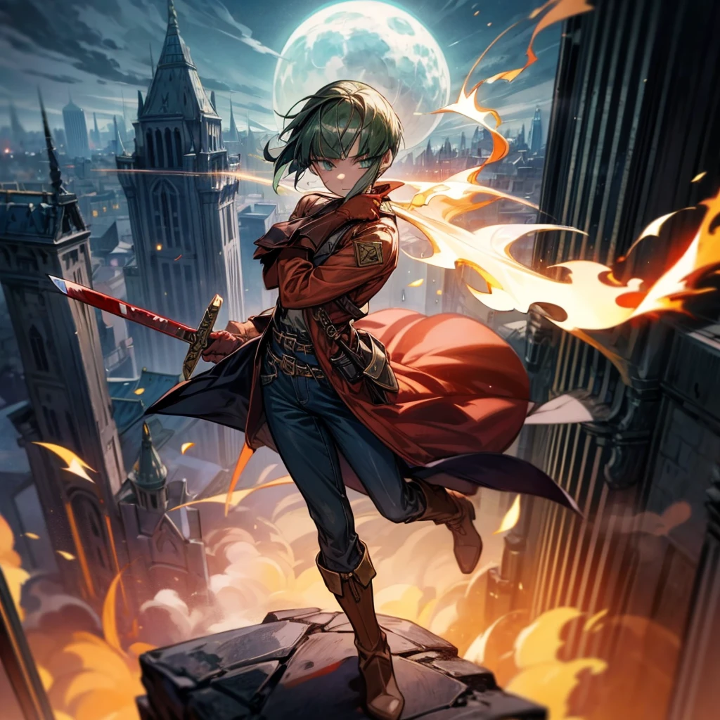 1girl, Full body version, 1character, green eyes, short haircut, (green color hair), soldier style clothing, red colour clothing, jacket, jeans, belt, boots, gloves, Grassroots, background On the roof of a city building, motion blur, (detective conan style art), sword in hand, fire effect on sword, lighting effect on sword, fire effect, smoke effect, aura effect, Moonlight, bloody background, blood on face, blood on shirt, blood on sword 