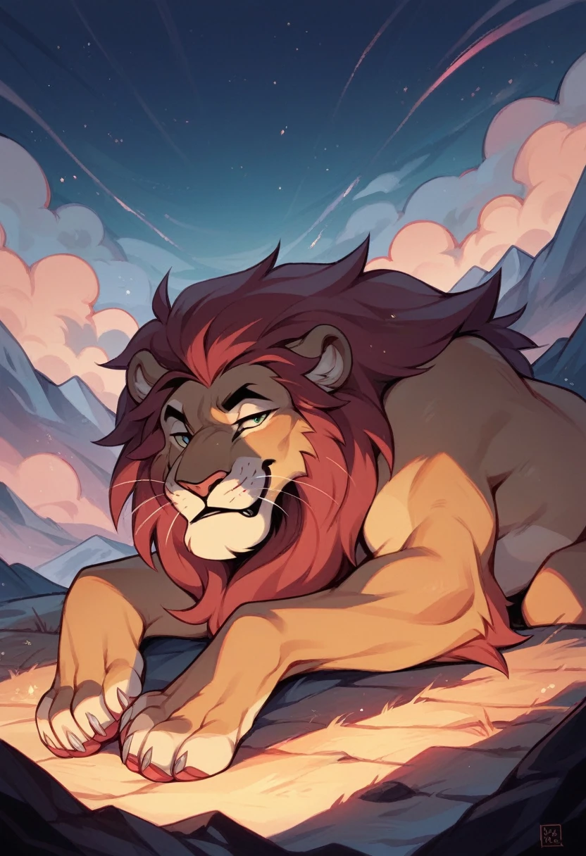 Give me a picture of a lion on top of a mountain where the northern lights shine