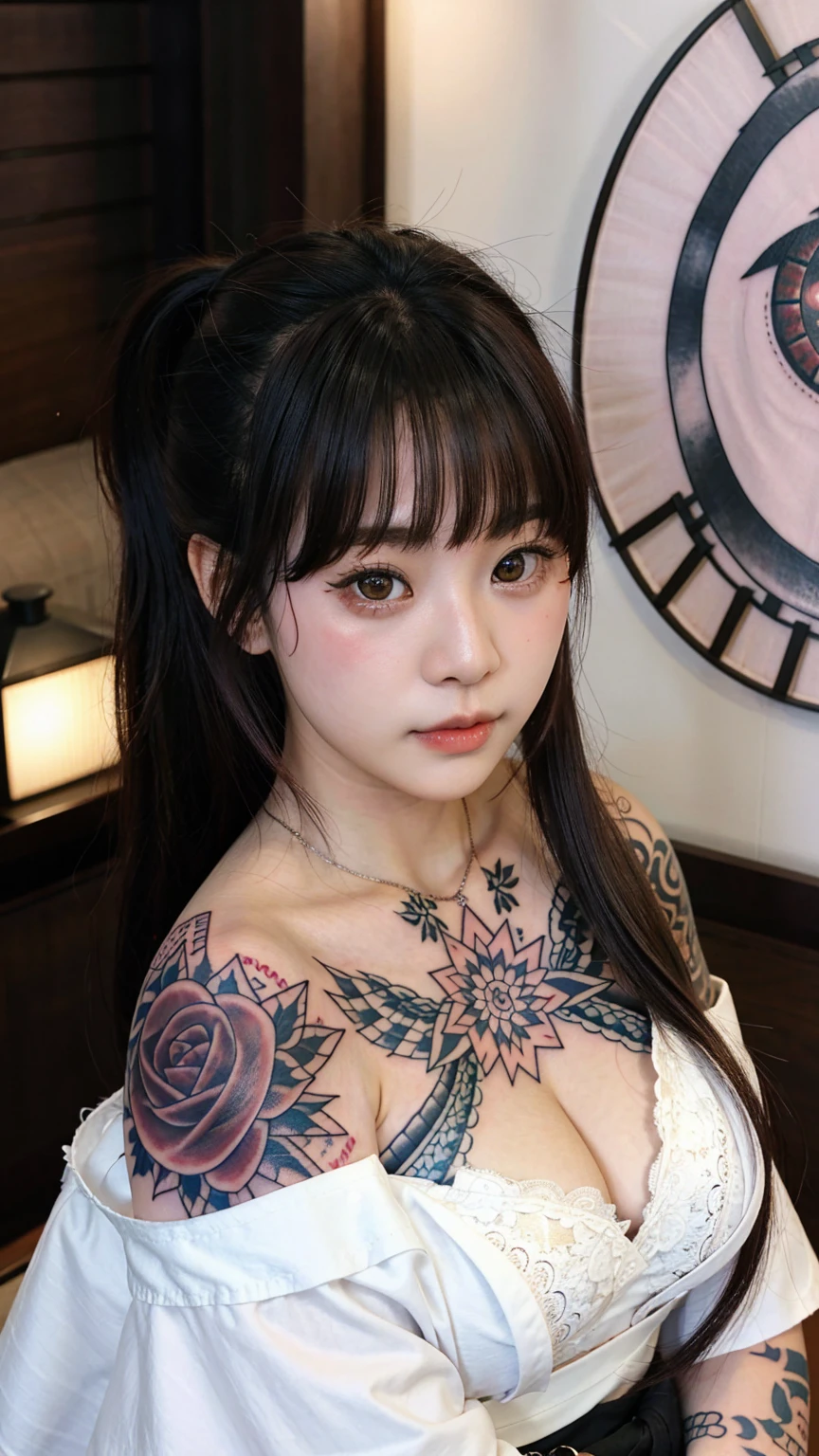 This Photo Consists Of 2 Women, Beautiful, Cutes, , 15 Years kin, Cleavage, Large Breast, Large Chests, White Off Shoulder Japanese Kimono, Lace Kimono, Embroidery Kimono, Muscles, Athletic, Girly, Japanese Vintage Village Background, Long Ponytails, Gradient Coloured Hair with Bangs, Sexy Look, Masterpiece, Adorable, Posing Because She knows She Will be Photographed, Beautiful Large Eye, Dramatic Vintage Lighting, ((Yakuza Tattoo)), ((Tattooed:1.3))