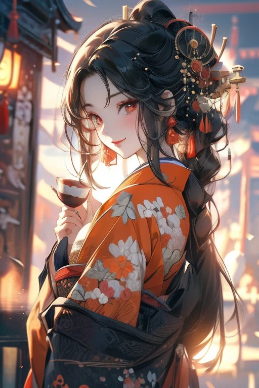 Perfect face. Perfect hands. A black haired woman with orange eyes in a pretty kimono is drinking tea at the shrine with a big smile
