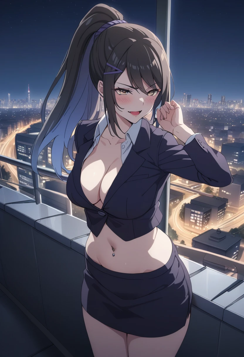 chabashira, 1girl, ponytail, black hair, hairclip, , blush, lipstick, outdoors, rooftop, cityscape, building, railing, night, night sky, scenery,  city lights, blush, lipstick, masterpiece, best quality, highly detailed, a girls with a gun, open mouth, blazer, sexy gaze, (nsfw) not safe for work, badass pose , evil smile, smile, black bra, anime girl with long hair, long haired girl,
navel, evil expression, exposed belly, exposed navel, exposed midriff, exposed lower belly, micro
miniskirt, micro pencil skirt, pencil skirt ,holding a gun,, navel piercing