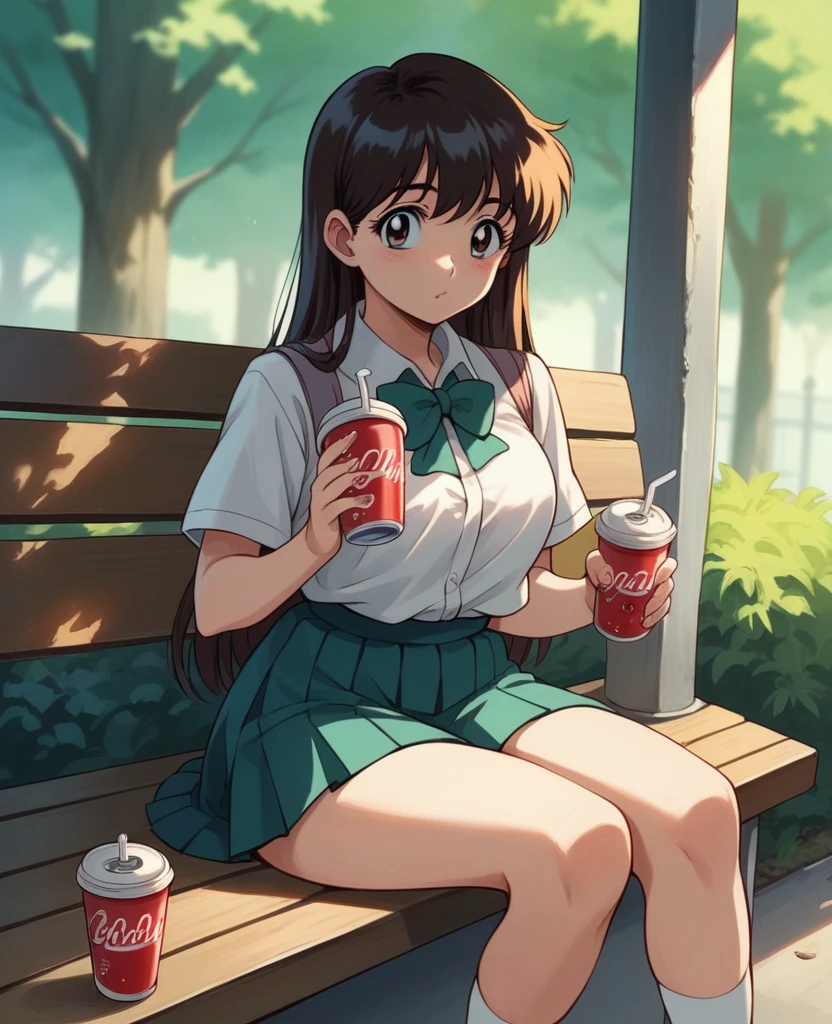 anime girl sitting on a bench with a cup of coffee, cute anime girl, anime style illustration, Girl with soda, beautiful anime schoolgirl, hyper realistic , anime girl, young anime girl, beautiful anime girl, anime girl drinks energy drink, anime style 4k, digital anime illustration, retro anime girl, anime image of a cute girl