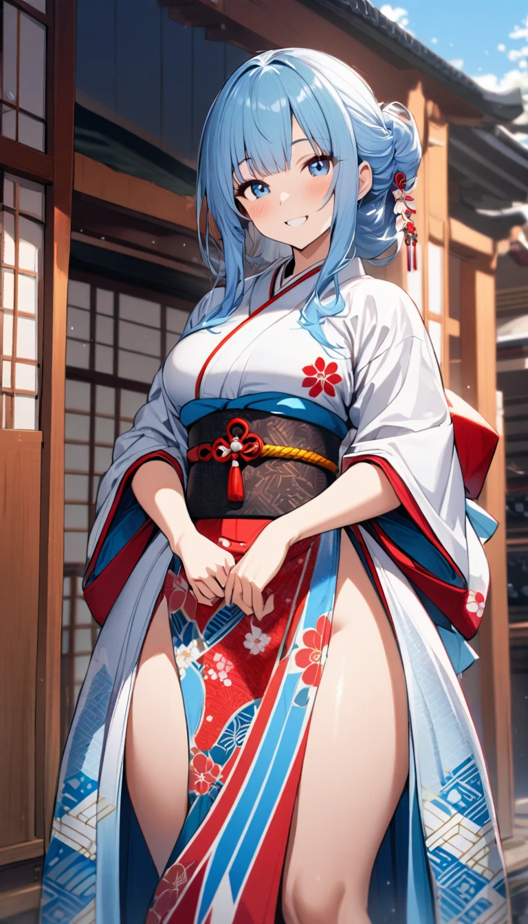 1girl,long face,short sky blue hair, traditional Japanese dress,highly detailed dress with pattern,joyful smile,perfect body,curvy,standing,closer,