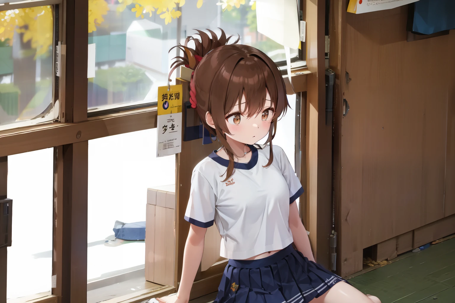 A female student in a sailor uniform sitting on the floor of the gymnasium and watching a physical education class because she feels unwell,(masterpiece, best quality:1.2),illustration,8k,HD,1girl,独奏,upper body,(portrait:1.2),brown_hair,folded_ponytail,brown_eyes,serafuku,long_hair,school_uniform,skirt,pleated_skirt,