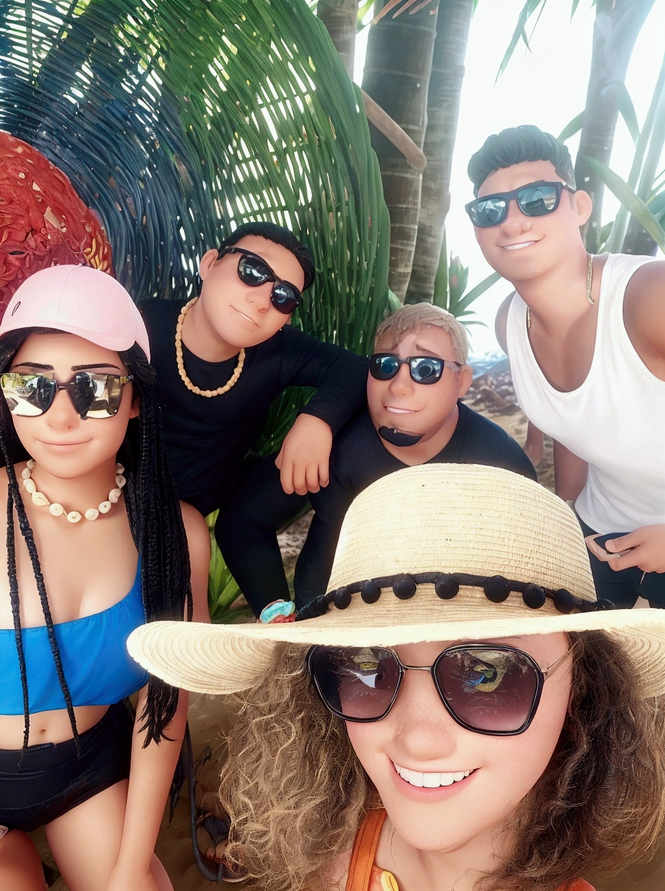 several people pose for a photo in a tropical setting, vacation photo, at beach, filmed on gopro9, at beach, assumed, go to hero8, on ocean, at beach, family photo, snapchat photo, at beach, at instagram, afternoon meeting point, go pro, close to the beach, 🌻🎹🎼, filmed on iphone 12