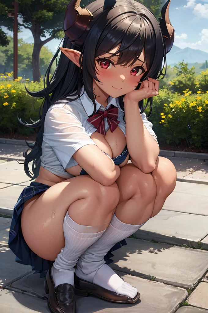 absurdres, masterpiece, best quality:1.2),illustration,8k,hd,ursula (takunomi),1girl, solo, blush, smile, closed mouth, (dark-skinned girl, dark tanned skin):1.5, sunburn:1.4, grey hair, long hair, red eyes, ((dragon horns)), small breasts, dark tanned shiny wet skin, blue cardigan, white shirt, red bowtie, blue skirt,sitting, squatting, looking at the viewer, light rays, (((sitting, squatting))), (torn navy buruma, bloomers), cutout white shirt, navel, underboobs, lying, spreading legs, (((torn clothes, wet clothes))), ((long black loose socks)), peeing, peeing over bloomers,peeing,Beauty,highres, (good anatomy),hentai,masterpiece,ursula,girl,best quality,pee, peeing over bloomers, (spreading pussy by fingers), (bukkake), cum on body, cum on legs, cum on clothes, cum on face, steam:1.3