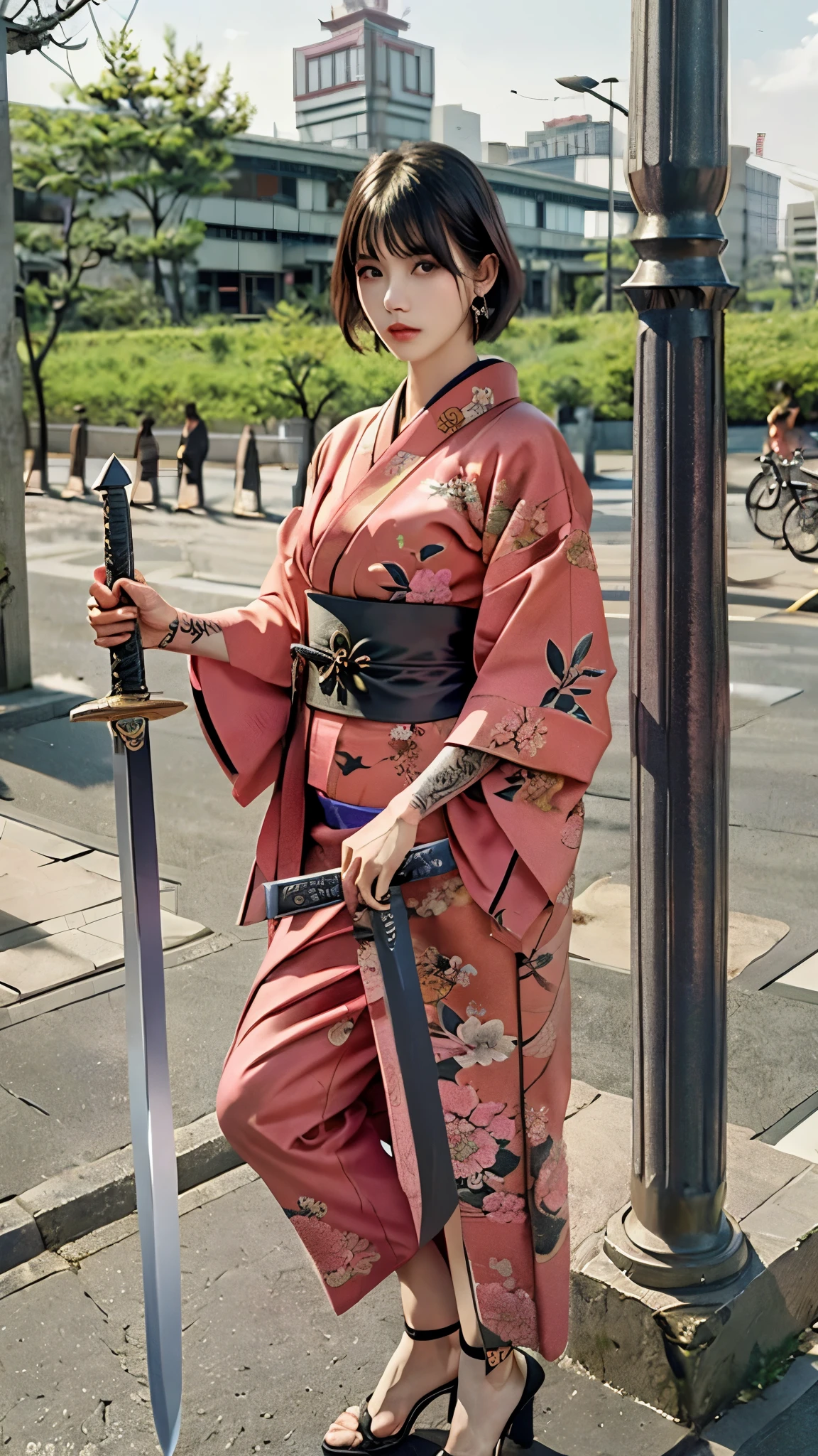 Beautiful Chinese woman, (), pretty face, red lips, white moisturized skin,
BREAK,
Athletic feminine body, Female fitness model body, Hard-toned feminine body, (muscles: 1.2), (beautiful belly button),
BREAK,
Martial arts, Kung fu, Idol,
BREAK,
(Wearing cute kimono: 1.3), (Red high heels 1.3), Necklace, Very large earrings, Short length,
BREAK,
Short hair, (Short bob hair), (Bangs: 1.2), (Pink hair), (Wavy hair),
BREAK,
(Holding a very large sword in hand: 1.4), (Holding the handle of the sword in hand: 1.3), (Raising a very large sword: 1.2), (Getting into a fighting position),
BREAK,
(Large tattoo, Japanese tattoos all over the body: 1.4),
BREAK,
Masterpiece, Perfect lighting, Ultra high resolution, 8K, (Very detailed: 1.4), (front view), looking at camera, melancholic expression,
BREAK,
(Tokyo city, lots of people in background), Japanese city background,