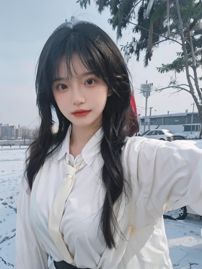 Best quality,masterpiece,Double tail,Ultra-high resolution,snow,16K,Snow background,(Photo Realism:1.4),1 Girl,JK,sexly,(shirt and tie:1.2),(Big breasts:2.3),(Upper body:1.4)