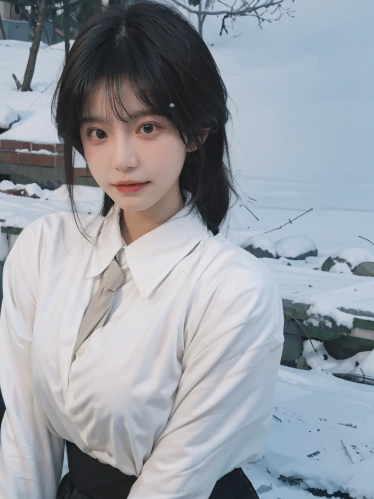 Best quality，masterpiece，Double tail，Ultra-high resolution，snow，16K,Snow background，（Photo Realism：1.4),1 Girl，JK，sexly，（shirt and tie：1.2),（Big breasts：2.3),（Upper body：1.4)
