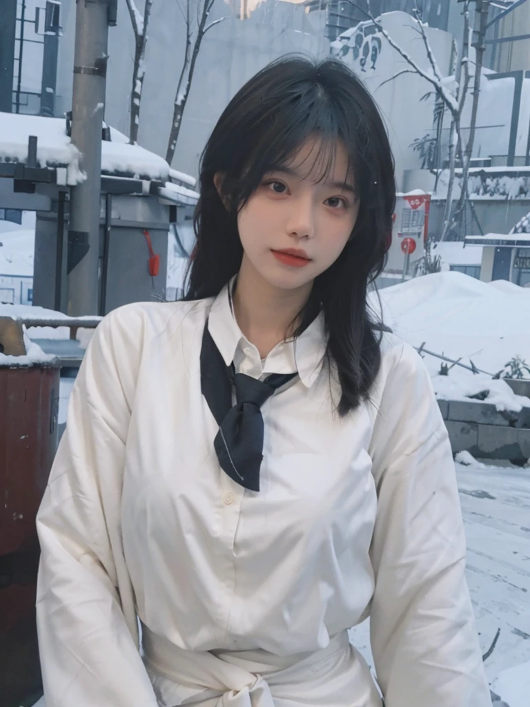 Best quality,masterpiece,Double tail,Ultra-high resolution,snow,16K,Snow background,(Photo Realism:1.4),1 Girl,JK,sexly,(shirt and tie:1.2),(Big breasts:2.3),(Upper body:1.4)