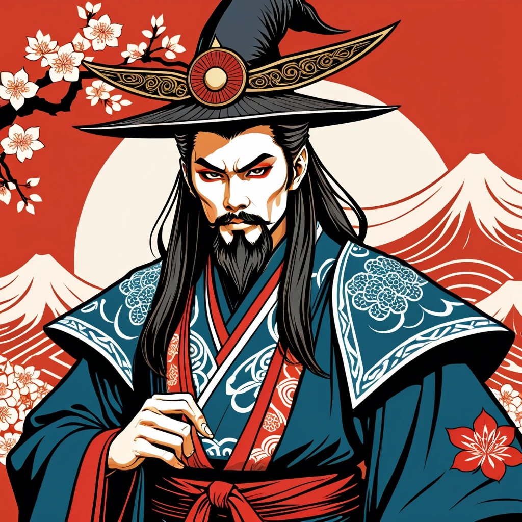 hungarian warlock in japanese folk outfit, vector graphics, strong contours