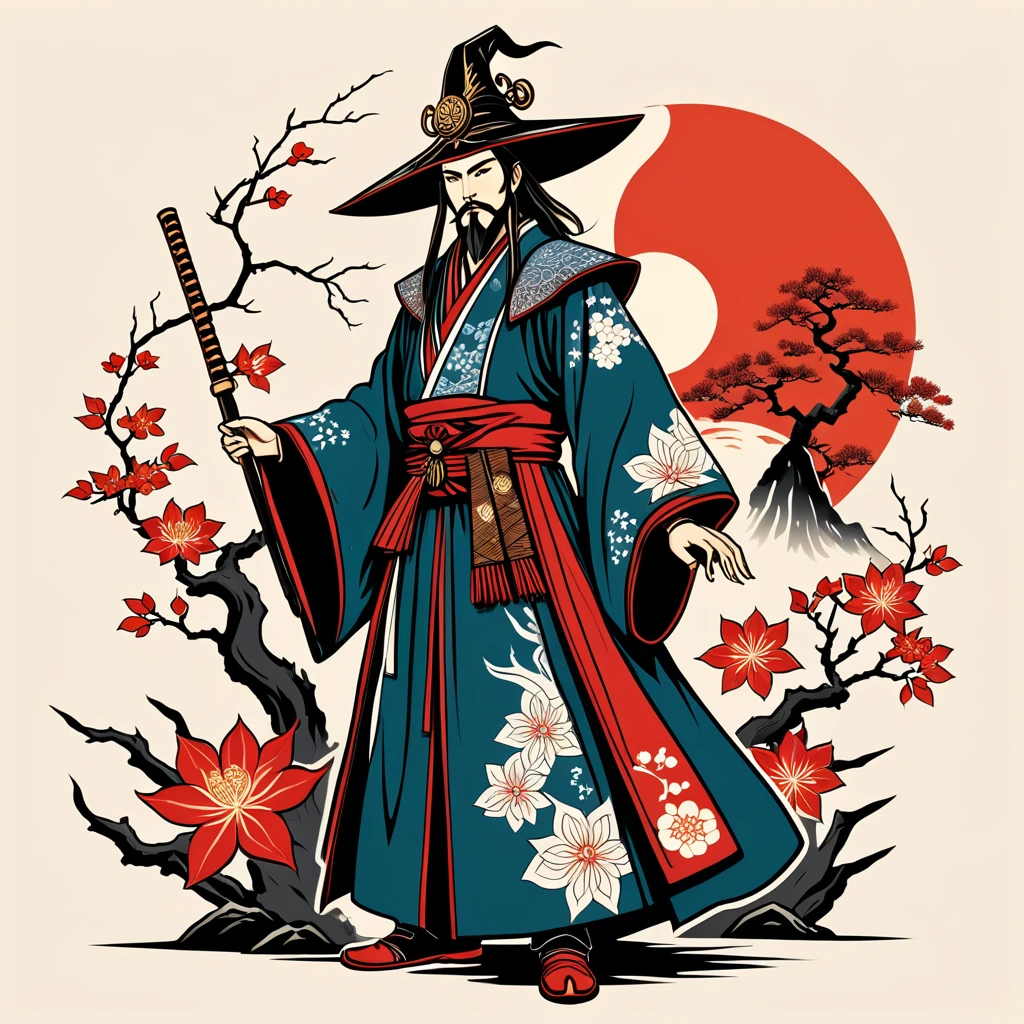 hungarian warlock in japanese folk outfit, vector graphics, strong contours