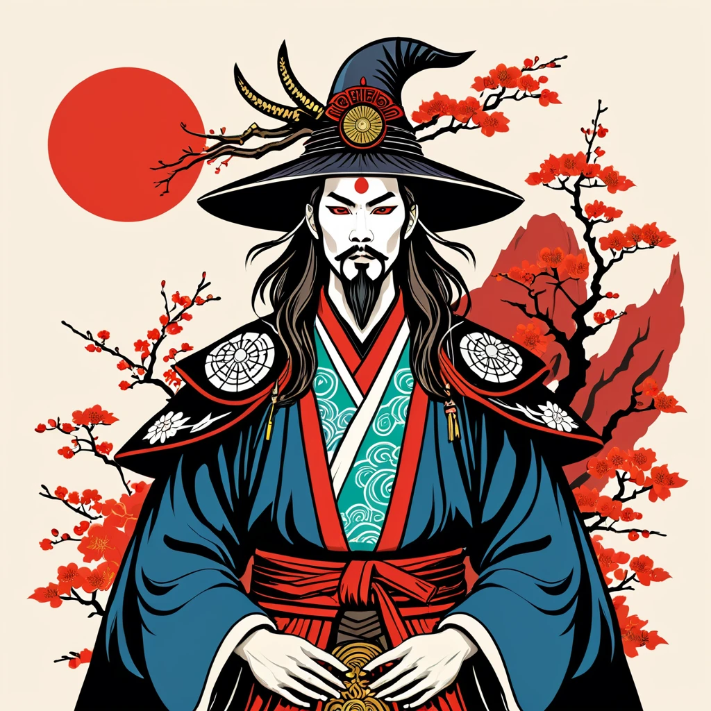 hungarian warlock in japanese folk outfit, vector graphics, strong contours
