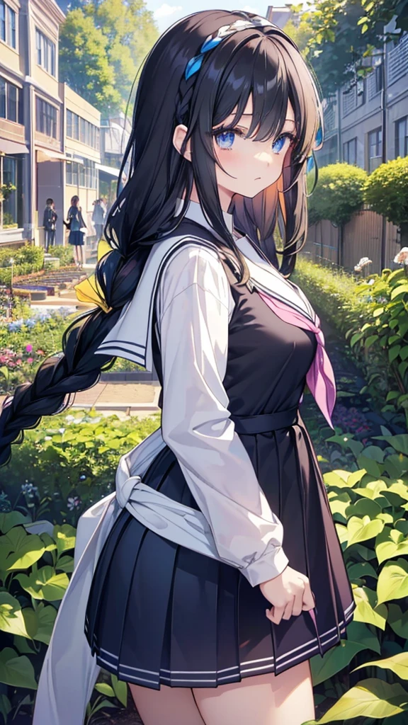 best quality, extremely detailed,anime style girl,long hair down to the waist, straight hair, ((dark black hair with bluish)),braid,beautiful detailed eyes, pinched eyes, (dark blue eyes),huge breasts,curvy,((((white main brightly colored princess school uniform)))),clothing with complex patterns,cool expression,((((school garden)))),from side