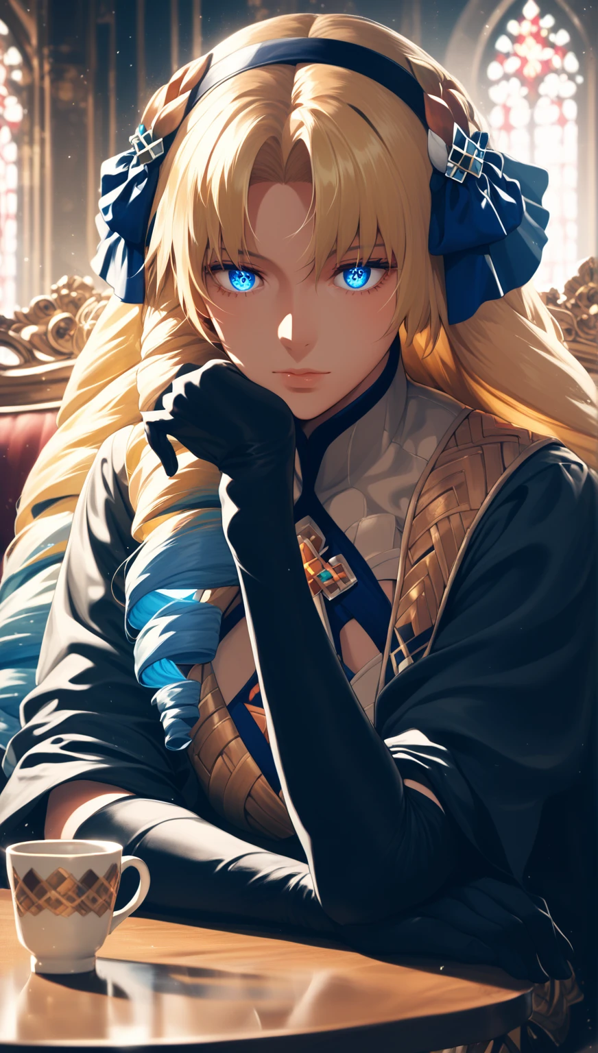 (asura art style:0.7), (hero neisan art style:0.7), score_9, score_8_up, score_7_up, score_6_up, Luviagelita_Edelfelt, blonde hair, long hair, bangs, drill hair, blue eyes, BREAK (masterpiece:1.2), best quality, high resolution, (detailed eyes:1.3), perfect lighting, (perfect hands, perfect anatomy), elbow gloves, head rest, table, cup, black coat, gloves, bokeh, indoors, dim light, reflective, expressionless, looking down, hollow eyes