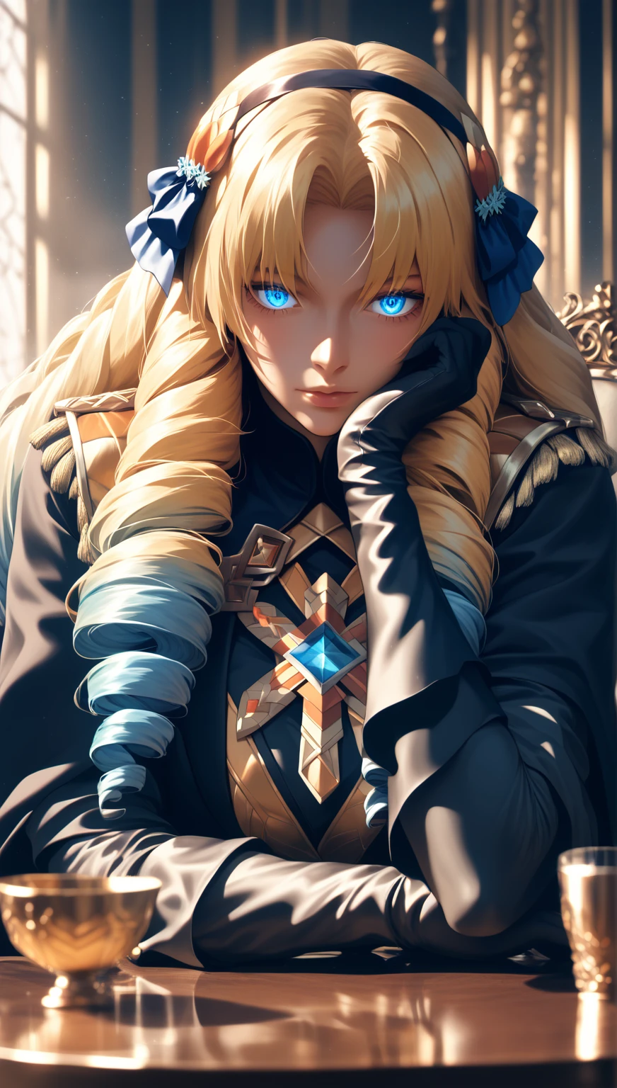 (asura art style:0.7), (hero neisan art style:0.7), score_9, score_8_up, score_7_up, score_6_up, Luviagelita_Edelfelt, blonde hair, long hair, bangs, drill hair, blue eyes, BREAK (masterpiece:1.2), best quality, high resolution, (detailed eyes:1.3), perfect lighting, (perfect hands, perfect anatomy), elbow gloves, head rest, table, cup, black coat, gloves, bokeh, indoors, dim light, reflective, expressionless, looking down, hollow eyes