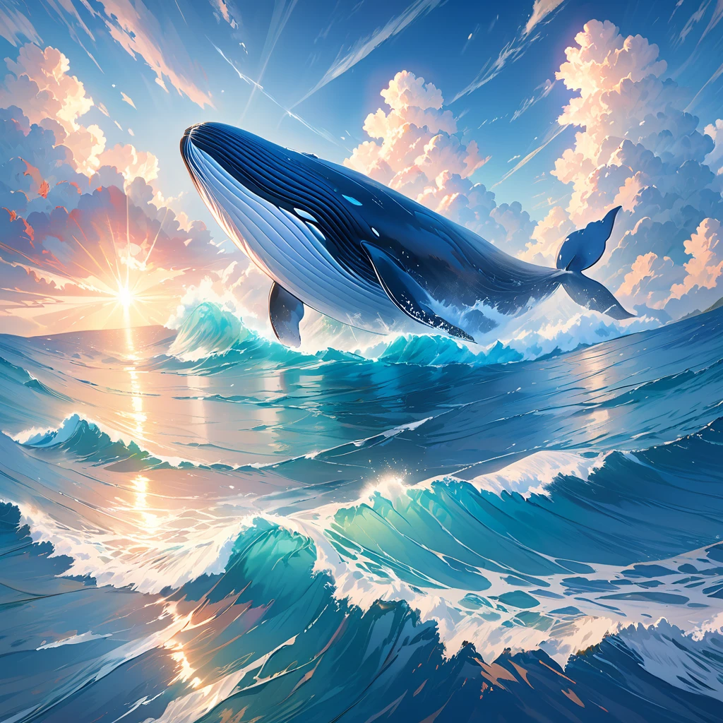 Flying whale, giant whale, soaring through the sky, blue sky, white clouds, rays of light penetrating the clouds, intricate details of the whale's body, smooth skin, spectacular scene, dreamy colors, ocean elements, ocean texture, ocean blue hues, sense of mystery, infinite space, high quality details, (best quality,4k,8k,highres,masterpiece:1.2),ultra-detailed,(realistic,photorealistic,photo-realistic:1.37), HDR, UHD, studio lighting, vivid colors, phys...