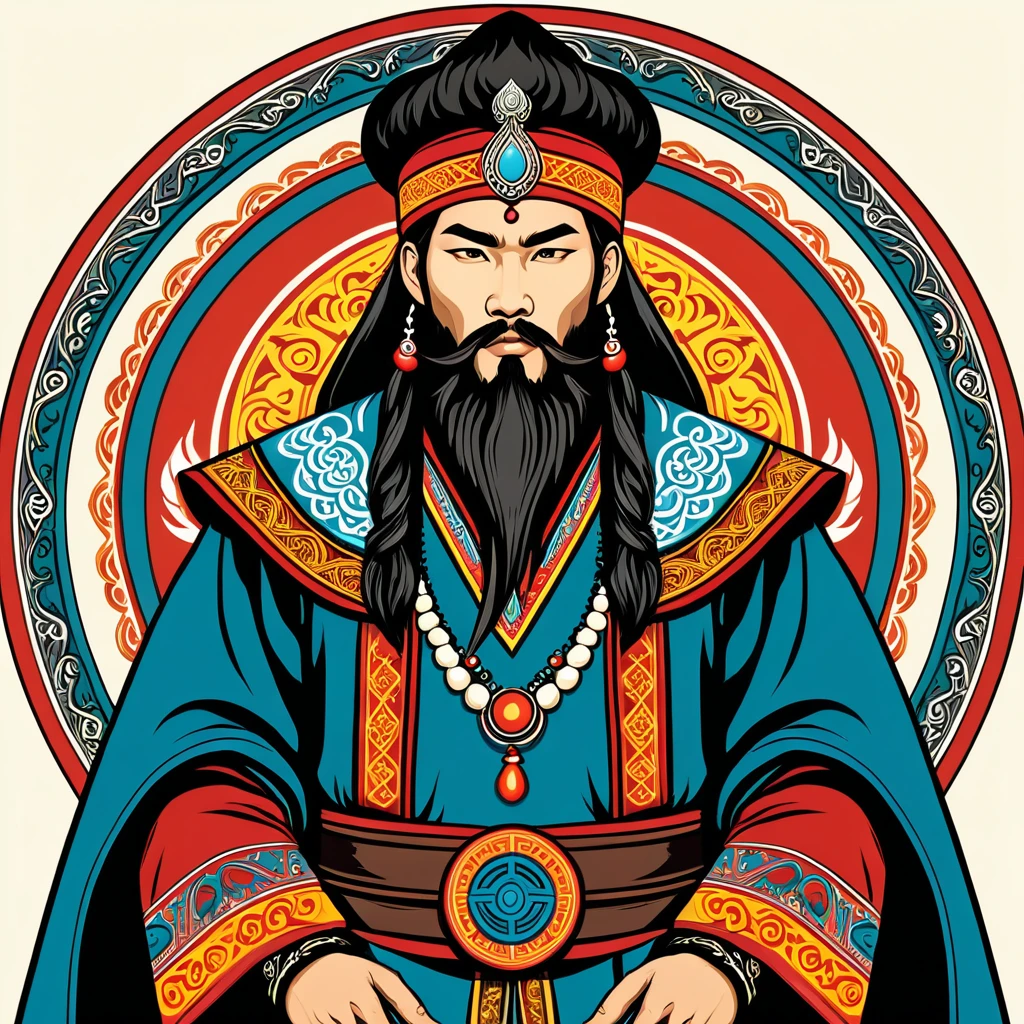 hungarian warlock in mongolian folk outfit, vector graphics, strong contours
