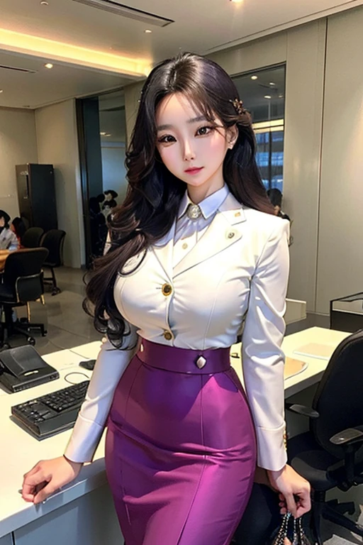 Beautiful S Korea Korean woman in a very  80s women's power business suits in 80s vibrant deep colors with pearls well styled coiffed hair, real person, detailed body, skirt, office lady like a Korean  fashion model ullzang and kawaii