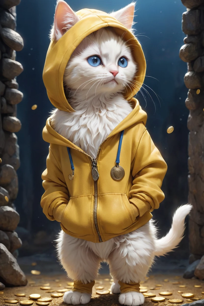 small, かわいいto be bornき物, Wearing a yellow hoodie, whole body, , Are standing, Costume, Fantasy art, Exquisite detail, Jean-Baptiste Monge Style, Alan Lee Style, Anthropomorphic blue-eyed white furry kitten, Movie Scenes, Dramatic shot angles, , Realistic, to be born々Stunning cinematic photorealism, Action Portrait, 8k, detailed, Full Frame, The background is a space of glittering objects, Golden light shining, The ground is paved with gold coins