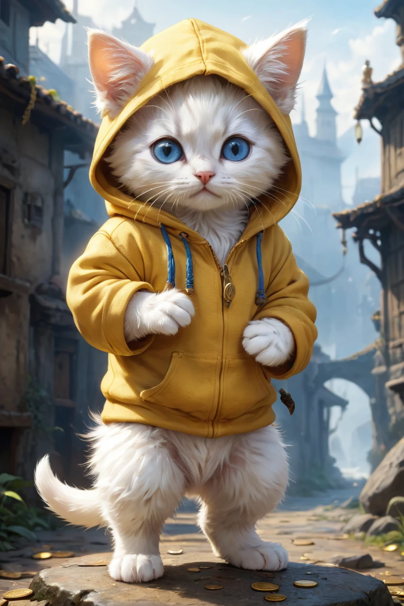 small, かわいいto be bornき物, Wearing a yellow hoodie, whole body, , Are standing, Costume, Fantasy art, Exquisite detail, Jean-Baptiste Monge Style, Alan Lee Style, Anthropomorphic blue-eyed white furry kitten, Movie Scenes, Dramatic shot angles, , Realistic, to be born々Stunning cinematic photorealism, Action Portrait, 8k, detailed, Full Frame, The background is a space of glittering objects, Golden light shining, The ground is paved with gold coins