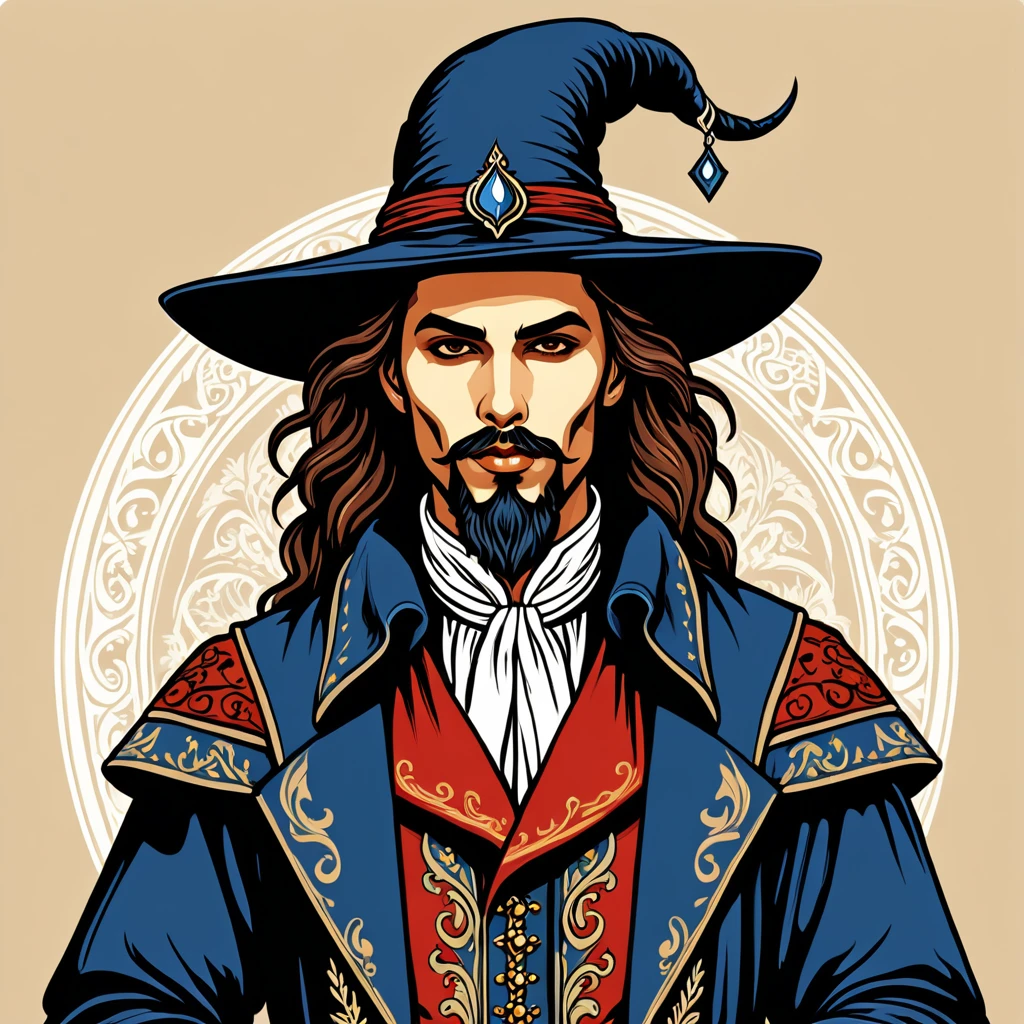hungarian warlock in french folk outfit, vector graphics, strong contours
