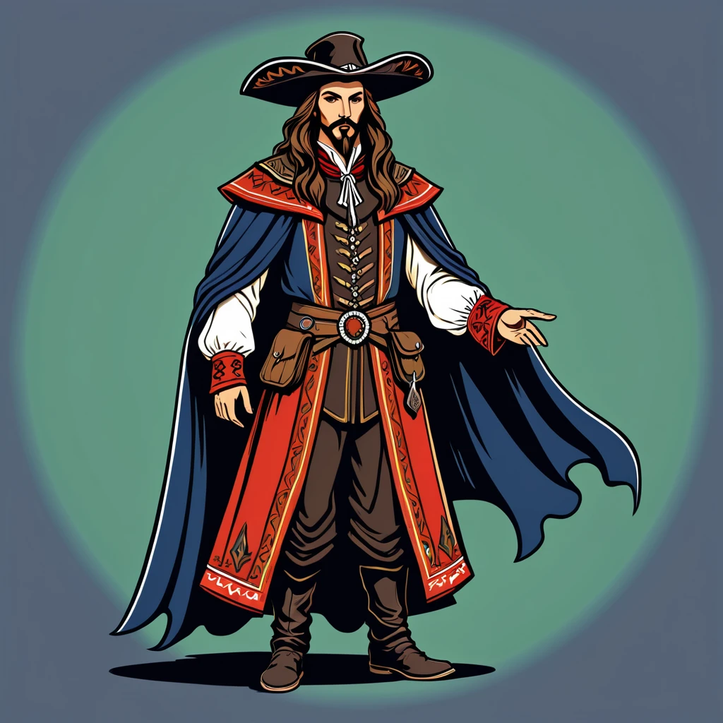 hungarian warlock in french folk outfit, vector graphics, strong contours
