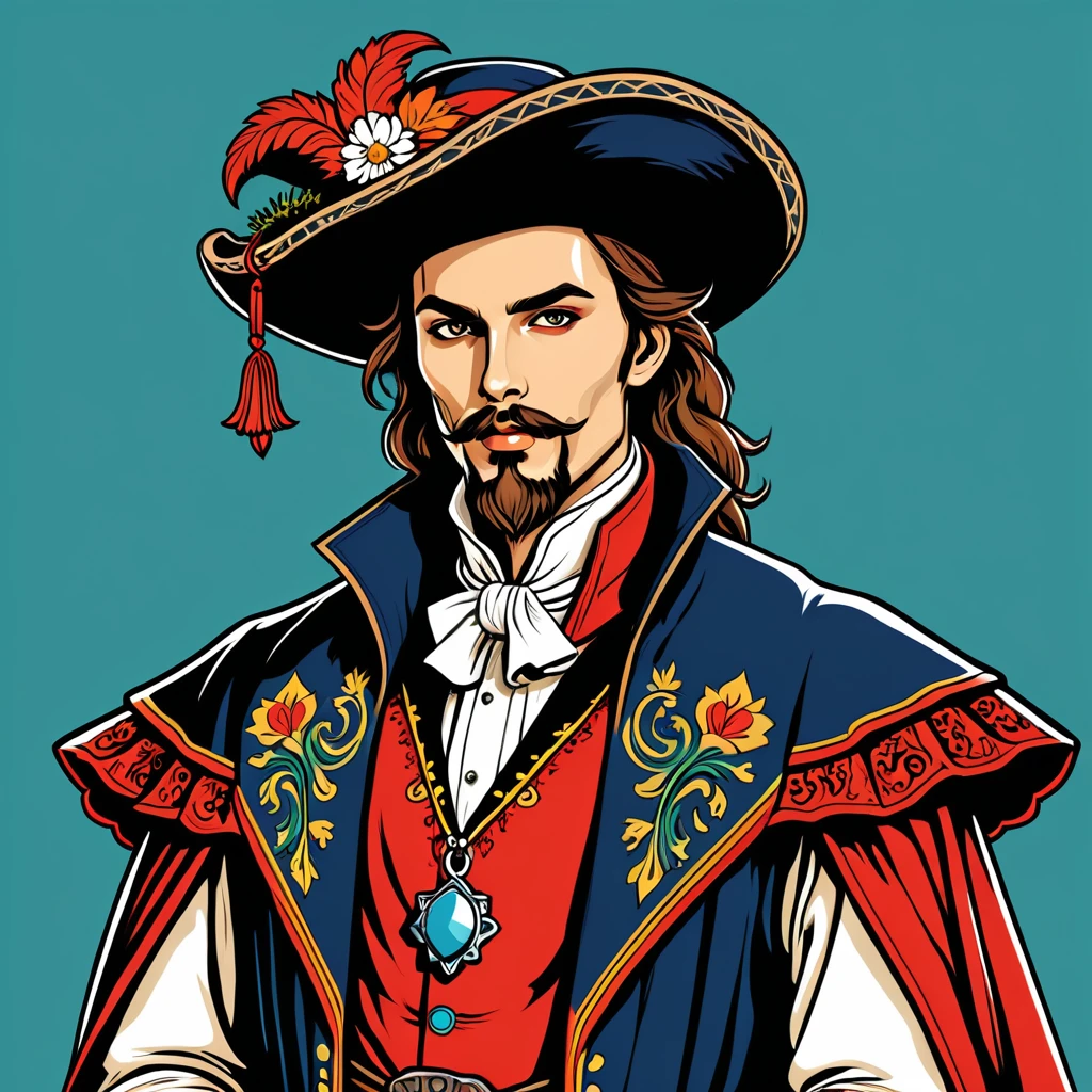 hungarian warlock in french folk outfit, vector graphics, strong contours