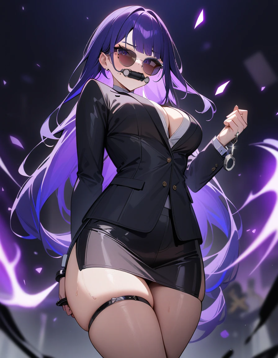 NSFW, masterpiece, standing insanely hot (woman 1) using sexy ((bunny suit)), (((cute pose))), ((thin thigths)), blushed face, big dark eyes,  long purple hair, very big boobs, bunny ears, bangs