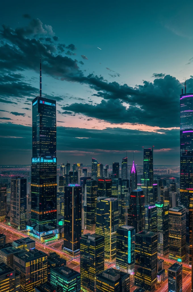 Image prompt: "A futuristic city skyline at dusk, with towering skyscrapers, bustling streets, and neon lights. The city has a mix of modern and industrial elements."