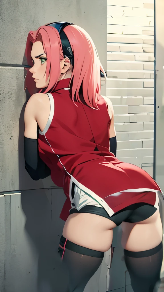 chedevr, Best quality at best, 1 girl, Sakura Haruno, big ,red clothes,Grew, to be sexy,Very angry,with pink hair, long pink hair, (green eyes:1.4), Forehead Protection,ideal figure,Behind,Портрет в полный рост Behind,in the cell,standing on his feet, leaned forward too much, face pressed against the wall ,legs straight, leans his hands on the wall, the back is arched back, tight black glossy bicycle shorts, lower body close up ,