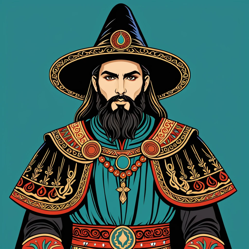 hungarian warlock in greek folk outfit, vector graphics, strong contours