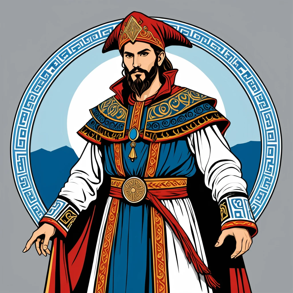 hungarian warlock in greek folk outfit, vector graphics, strong contours