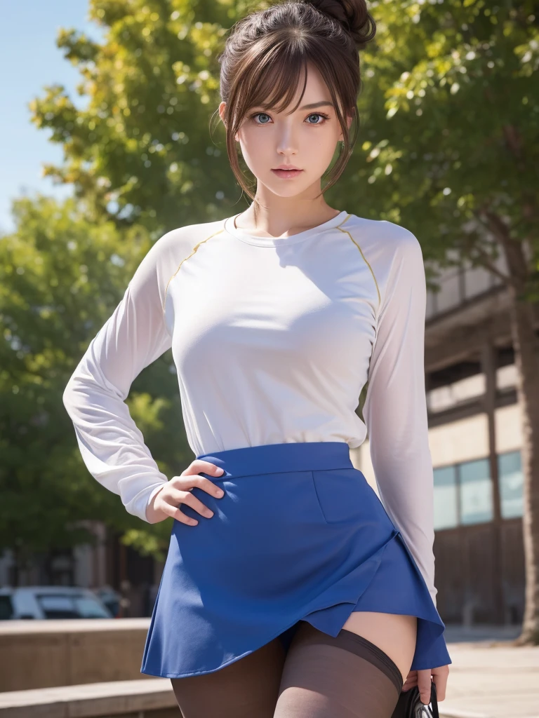 Rosa, Rosa, Brown Hair, Double Bang, doughnut Hair Bun, Hair Bun, blue eyes, Hair between the eyes, Twin tails, (Small breasts:1.2), Open your mouth, Embarrassing,
break pantyhose, Pantyhose under shorts, Raglan sleeves, skirt, yellow skirt, White shirt, Blue Sleeve, Long sleeve, Visor Cap,
break looking at viewer, Upper Body, whole body,
break outdoors,
break (masterpiece:1.2), Highest quality, High resolution, unity 8k wallpaper, (figure:0.8), (Beautiful attention to detail:1.6), Highly detailed face, Perfect lighting, Highly detailed CG, (Perfect hands, Perfect Anatomy),nsfw