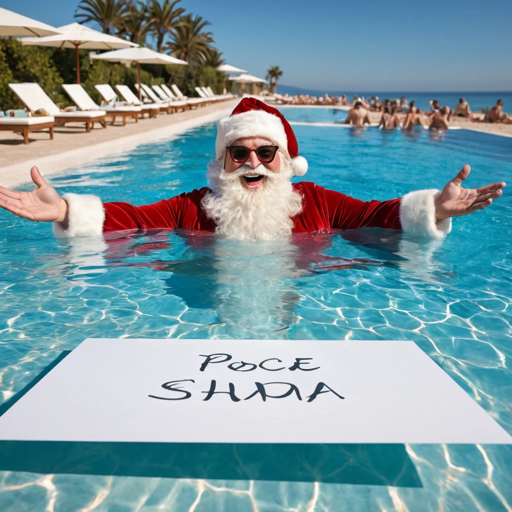 Captures an image from different angles of a very large pool in which there are white rectangular signs floating on the water without any text, all the same and of the same size and in the center of the pool there is floating in the water a fat and smiling Santa Claus bathing with sunglasses and very happy and holding a large blank sign above him with his hands, everything takes place under a radiant sun on a Mediterranean beach with impressive lighting for a perfect shot. professional photography, 8k, RAW photo, The best quality, masterpiece, photorealistic, Highly detailed, cinematic lighting, sharp focus, réflex digital, high resolution, photorealistic,