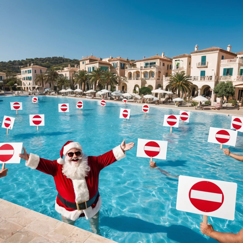 Captures an image from different angles of a swimming pool in which there are white rectangular signs floating in the water without any text, all posters are the same, In the center of the pool, a fat and smiling Santa Claus is floating in the water, bathing with sunglasses and very happy, holding a very large blank sign in his hands above his head., everything takes place under a radiant sun on a Mediterranean beach with impressive lighting for a perfect shot. professional photography, 8k, RAW photo, The best quality, masterpiece, photorealistic, Highly detailed, cinematic lighting, sharp focus, réflex digital, high resolution, photorealistic,