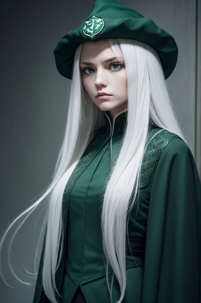 a woman, with long white hair, wearing Slytherin clothes, with a serious face.