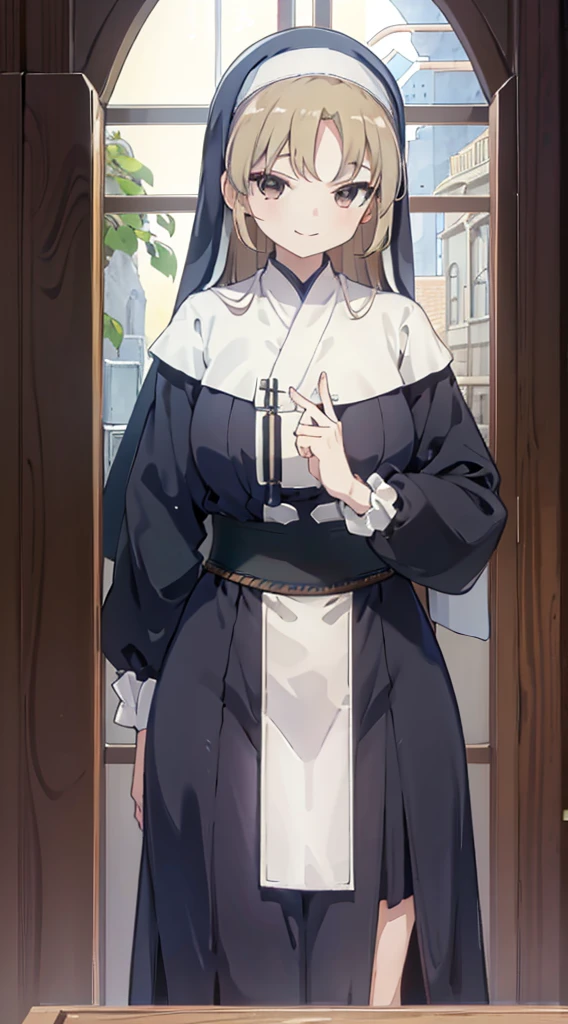 nun，nun服，黑白nun服，Colored hair，nun头巾，Big breasts，Full of figure，Close-up above the waist，Upper body close-up，Church Background，Stained window glass，Mosaic art background，nun，高开叉nun长袍，黑白Knee socks，黑白Knee socks，Knee socks，黑色过膝Silk socks，Silk socks，情趣nun服，High slit robe，New slit skirt，Silk socks，Knee socks，Flesh，nun长袍，Robe hem，Robe hem，Long hem robe，Front of robe，Long skirt，Long skirt，Long skirt，Long front robe，Front of robe，Side of the thighs，Long blond hair，blond，cute，gentle，Smile，慈爱的Smile，Wide crotch，Wide crotch，Thin waist，Flesh大腿，Robe front hem，