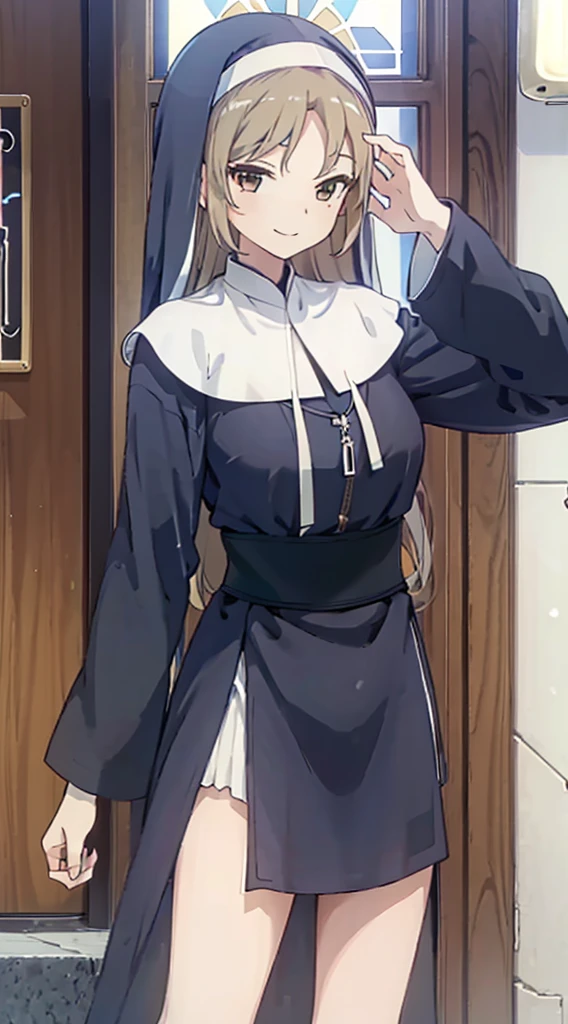 nun,nun服,黑白nun服,Colored hair,nun头巾,Big breasts,Full of figure,Close-up above the waist,Upper body close-up,Church Background,Stained window glass,Mosaic art background,nun,高开叉nun长袍,黑白Knee socks,黑白Knee socks,Knee socks,黑色过膝Silk socks,Silk socks,情趣nun服,High slit robe,New slit skirt,Silk socks,Knee socks,Flesh,nun长袍,Robe hem,Robe hem,Long hem robe,Front of robe,Long skirt,Long skirt,Long skirt,Long front robe,Front of robe,Side of the thighs,Long blond hair,blond,cute,gentle,Smile,慈爱的Smile,Wide crotch,Wide crotch,Thin waist,Flesh大腿,Robe front hem,