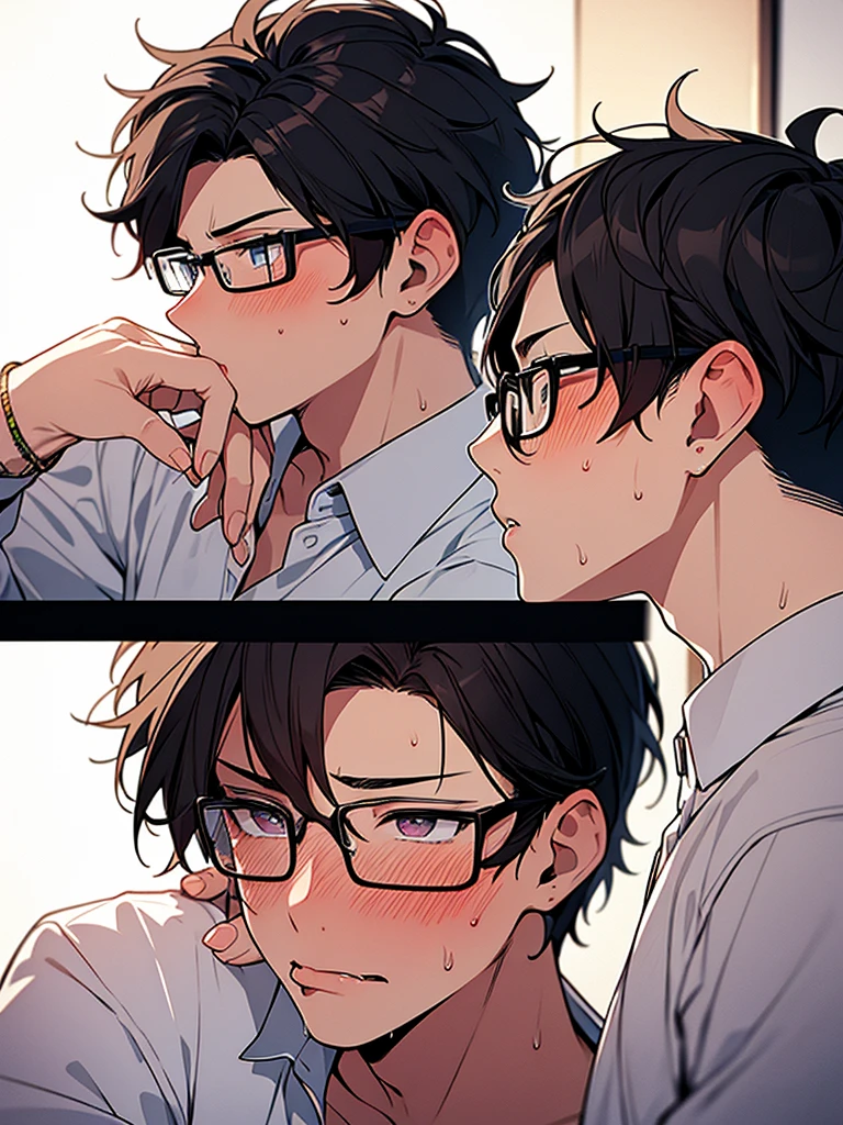 NSFW:1.9 Naked:1.9 Side view composition (Kissing face, pouting lips),BREAK,(Nerdy young man, short hair, black hair, glasses, sweat, excitement, blushing) 